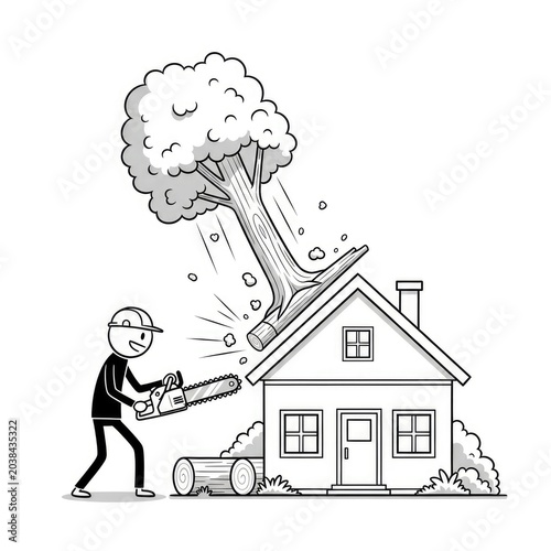 Man cutting down tree damaging house.