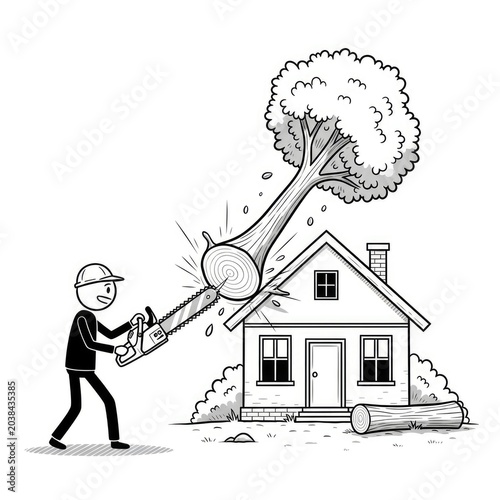Man cutting down tree near house.