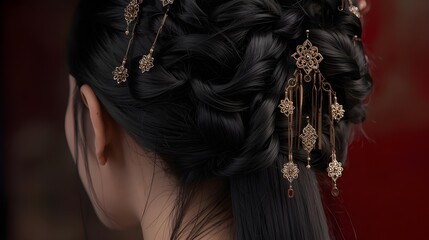 Ultra-realistic traditional Chinese hairstyle with ornate golden hairpins on elegant black silky hair
