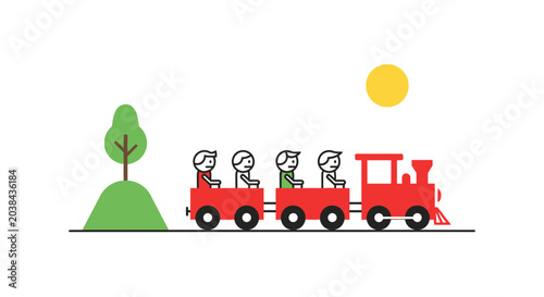 Schilderij op canvas Cartoon train with passengers, summer day, simple illustration