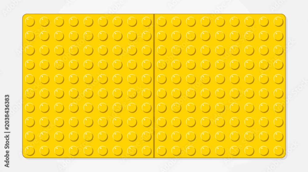 Naklejka premium Two bright yellow LEGO bricks with studded tops on a gray background, close-up studio shot for construction toy and educational play