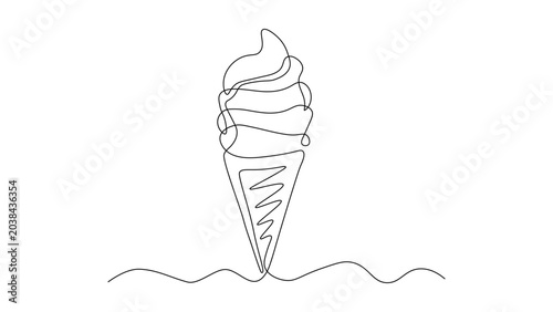Continuous line drawing of an ice cream cone, sweet summer treat, minimalist food illustration