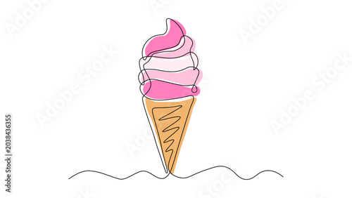 Continuous line drawing of an ice cream cone, sweet summer treat, minimalist food illustration