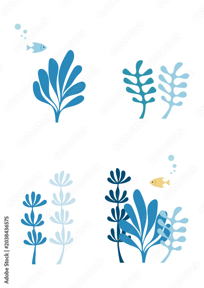Obraz premium Minimal Ocean Plants and Fish Illustration on White Background