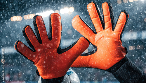 Soccer goalkeepers hands reaching for ball in rain with transparent background