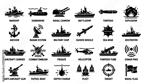 Foto Naval Warfare Glyph Icon Collection with Warships Submarines Cannons and Sea Bat