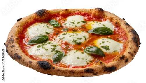 Bild auf Leinwand Neapolitan pizza with mozzarella tomato sauce, and basil leaves