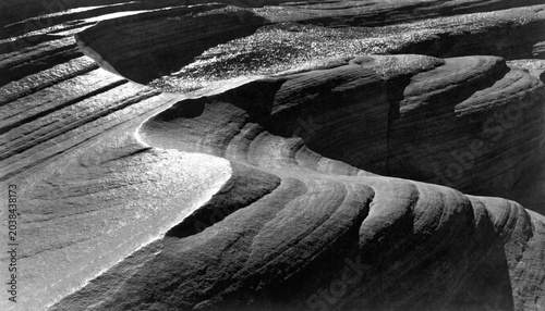 Abstract layered rock formations in grayscale natural textures and patterns