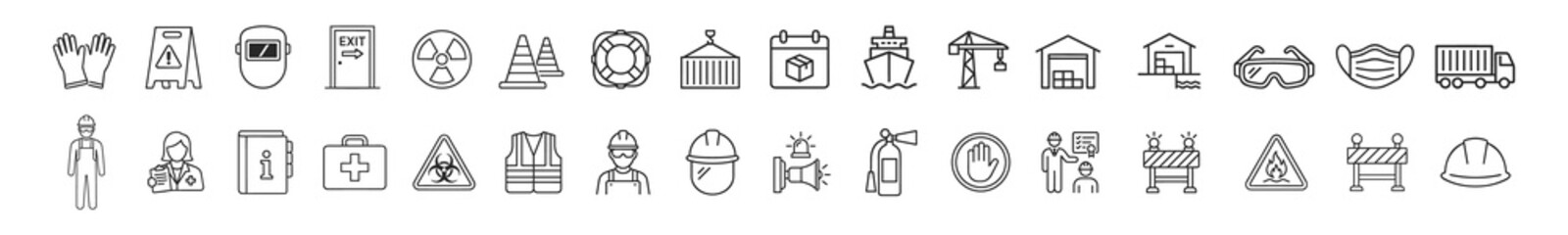 Set of safety and industrial icons including gloves, caution sign, welding mask, exit sign, radiation hazard, traffic cones, lifebuoy, container, calendar, ship, crane, warehouse