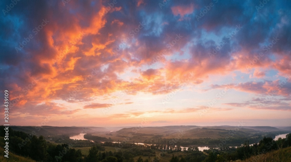 Obraz premium Breathtaking Sunset Over River Valley Landscape with Dramatic Clouds