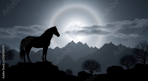 Horse silhouette against moonlit mountain range.