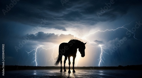 Horse silhouette during lightning storm.