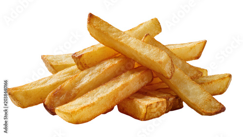 Fotografia Golden crispy french fries pile potato sticks, fast food snack
