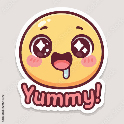 Yellow cartoon emoji face with sparkling eyes and drool featuring pink cheeks and bold lettering on a clean white background