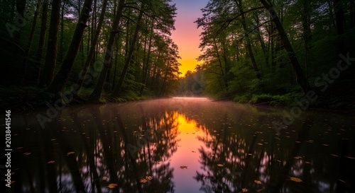 Serene forest lake at sunset reflection.