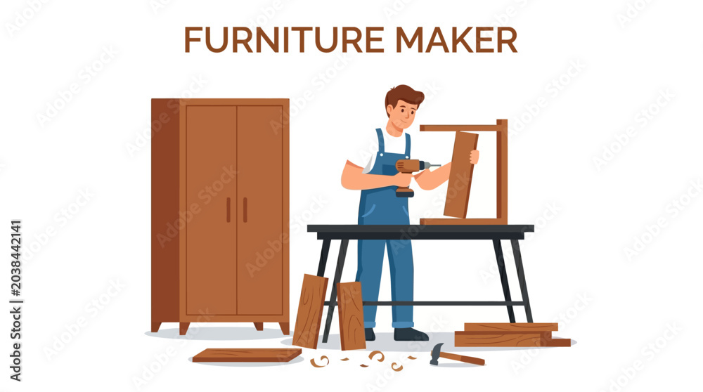 Fototapeta premium Illustration of a furniture maker assembling a chair at a workbench with tools and wood pieces around him.
