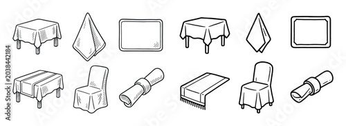 Dining icons with table chair napkin sketch outline