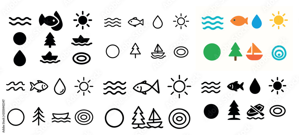 Fototapeta premium Sea icons with fish boat tree flat minimal