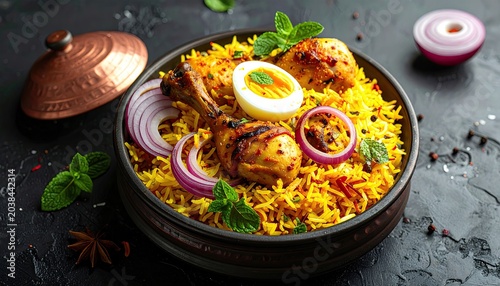 Delicious Chicken Biryani Served in a Bowl with Garnishes.