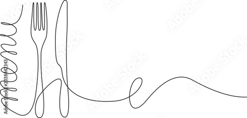 minimalistic continuous line drawing of the word menu with fork and knife, clean modern design concept for restaurant menus line art vector illustration