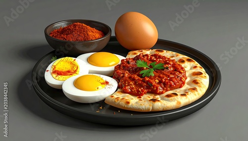 Delicious Turkish Breakfast with Eggs and Bread.