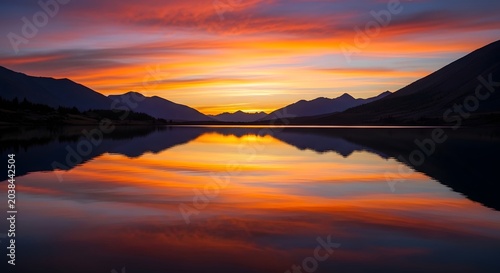 Serene mountain lake at sunset reflection.