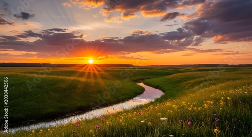 Serene landscape with winding river sunset.
