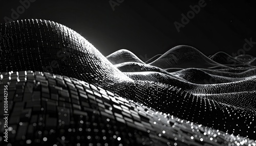 Abstract Digital Landscape of Wavy Geometric Forms in Monochrome.