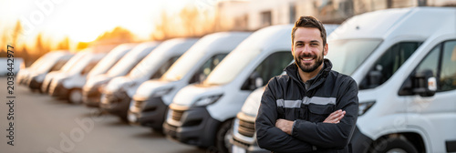 smiling delivery driver standing with arms crossed in front of a fleet of vans, representing logistics, transportation, courier service and small business operations