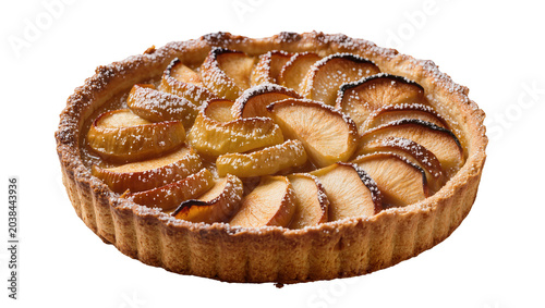 Bild auf Leinwand Golden baked apple tart with flaky crust and powdered sugar dusting