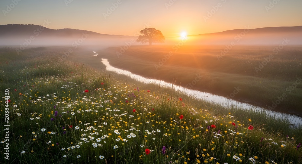 Obraz premium Sunrise over a field of flowers.