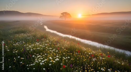 Sunrise over a field of flowers.