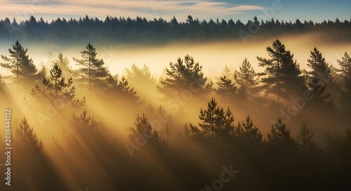 Sunrise over misty forest landscape serene.