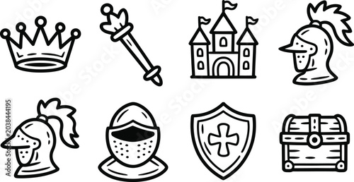 Billede på lærred Collection of medieval knightly and royal icons including a crown scepter castle