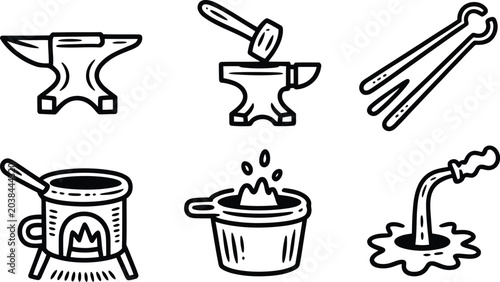 Vászonkép Collection of stylized line art illustrations representing blacksmithing tools a
