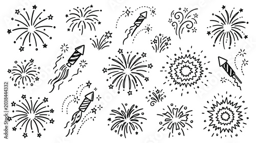 Hand-drawn collection of fireworks and rockets for celebrations and events