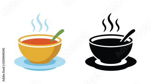 Quadro em tela Bowl Of Soup With Spoon Colorful Illustration And Black Silhouette