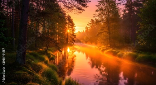 Sunset over serene forest lake water.