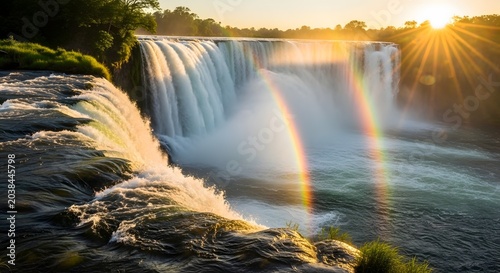 Waterfall with rainbow at sunset landscape.
