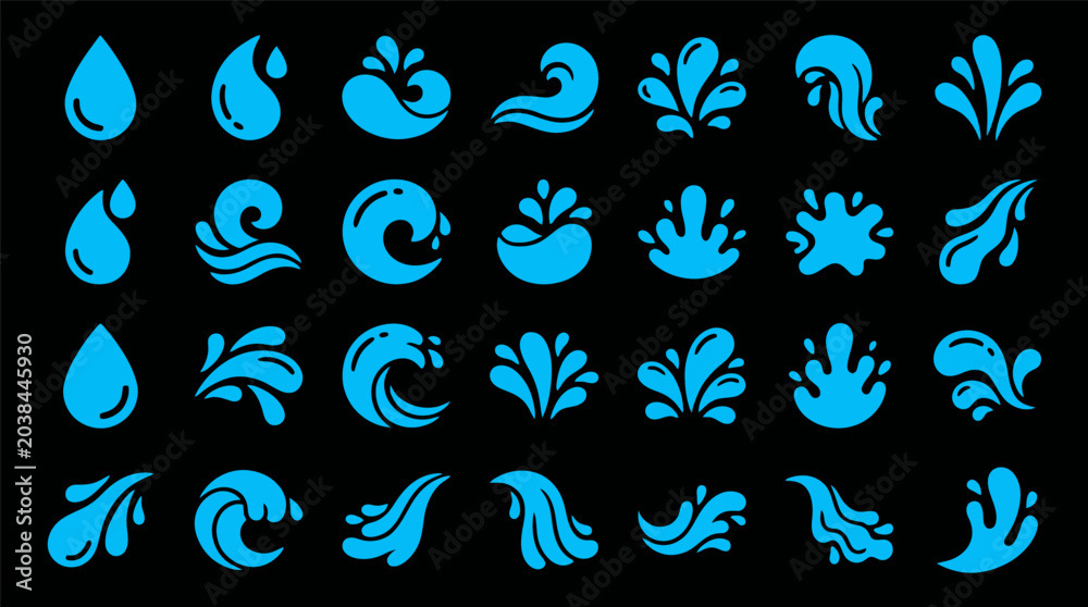 Obraz premium Collection of Blue Water Droplet and Splash Icons on Black Background