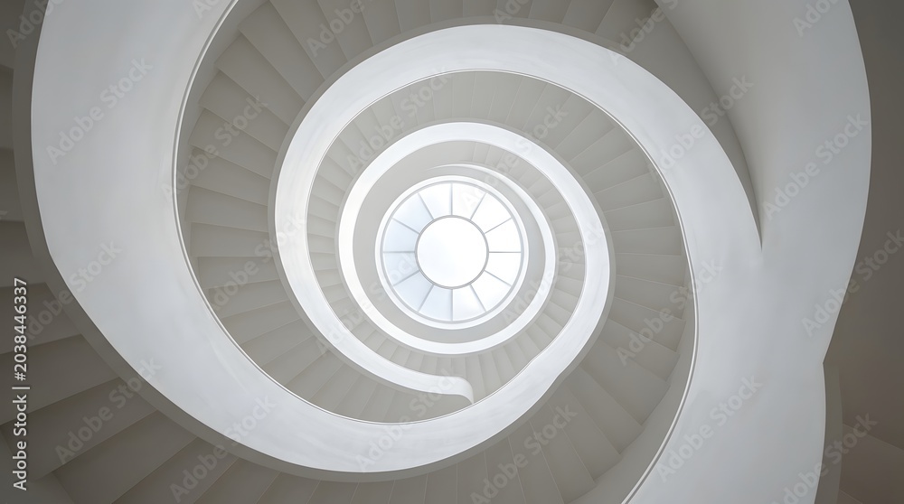 Fototapeta premium A spiral staircase with a circular window at the top, viewed from above, showcasing modern architecture and design