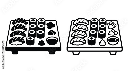 Foto Sushi platter silhouette on a white background black and white design
