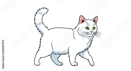 Elegant long-haired white cat with green eyes and a fluffy tail walking gracefully across a white background.