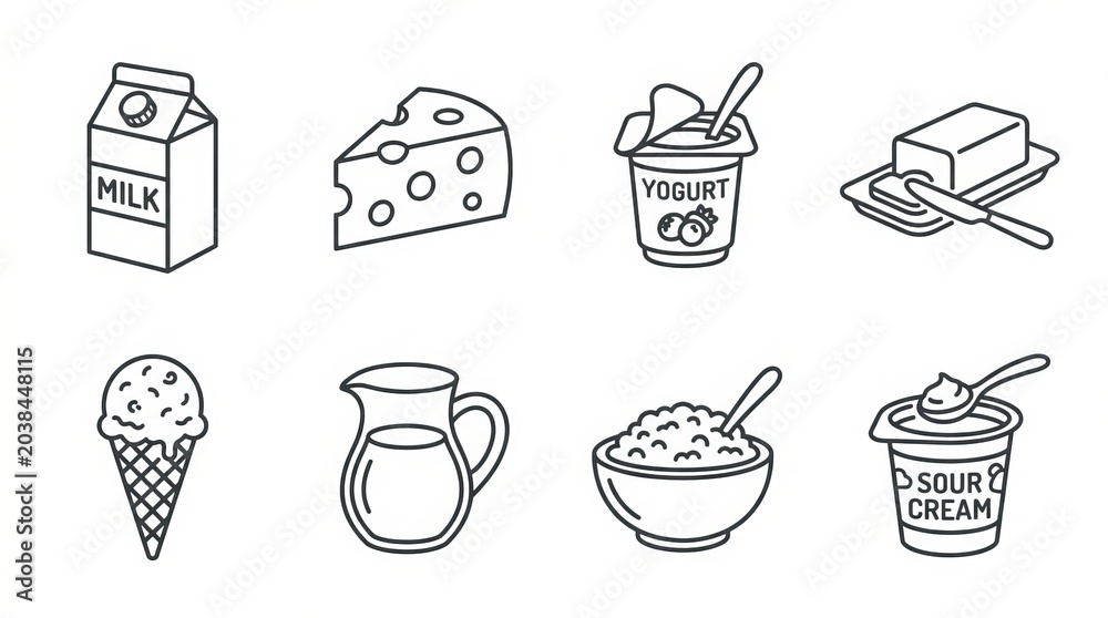 Obraz premium Collection of fresh dairy products in a simple, clean line art style.