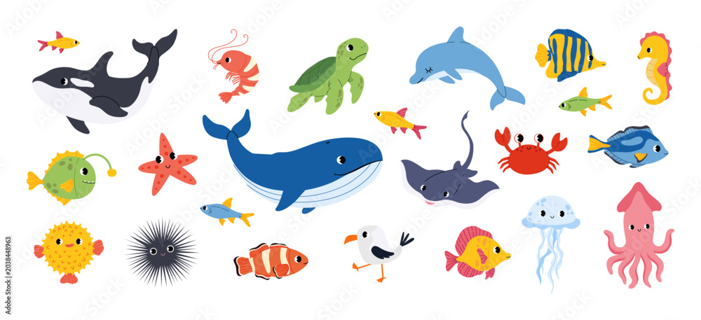 Obraz premium Сute sea animals collection. Whale, dolphin, turtle, octopus, squid, jellufish, tropical fish, stingray. Underwater marine life. Flat design, vector illustration for kids.