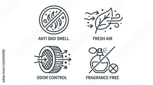 Set of icons representing air purification and odor control for a healthy environment.