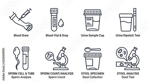 Medical icons showing blood draw, sample collection and laboratory analysis for health checkups.
