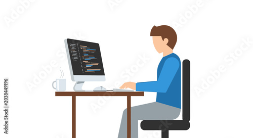Programmer working on computer coding on desk with coffee