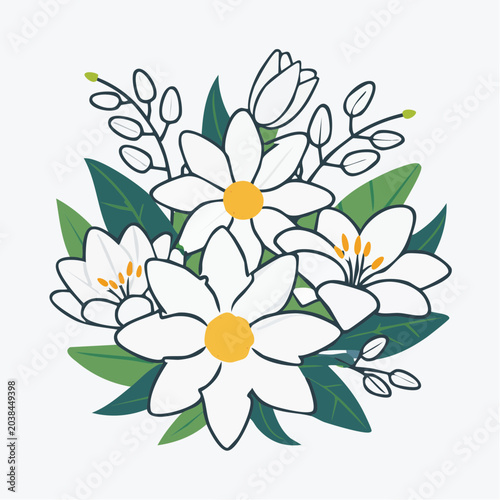Stylized Bouquet of White Flowers with Green Leaves