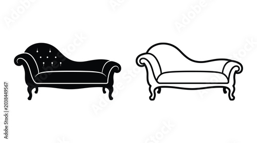 Quadro su tela Chaise Lounge Silhouettes Black Fill And Line Art On White Background